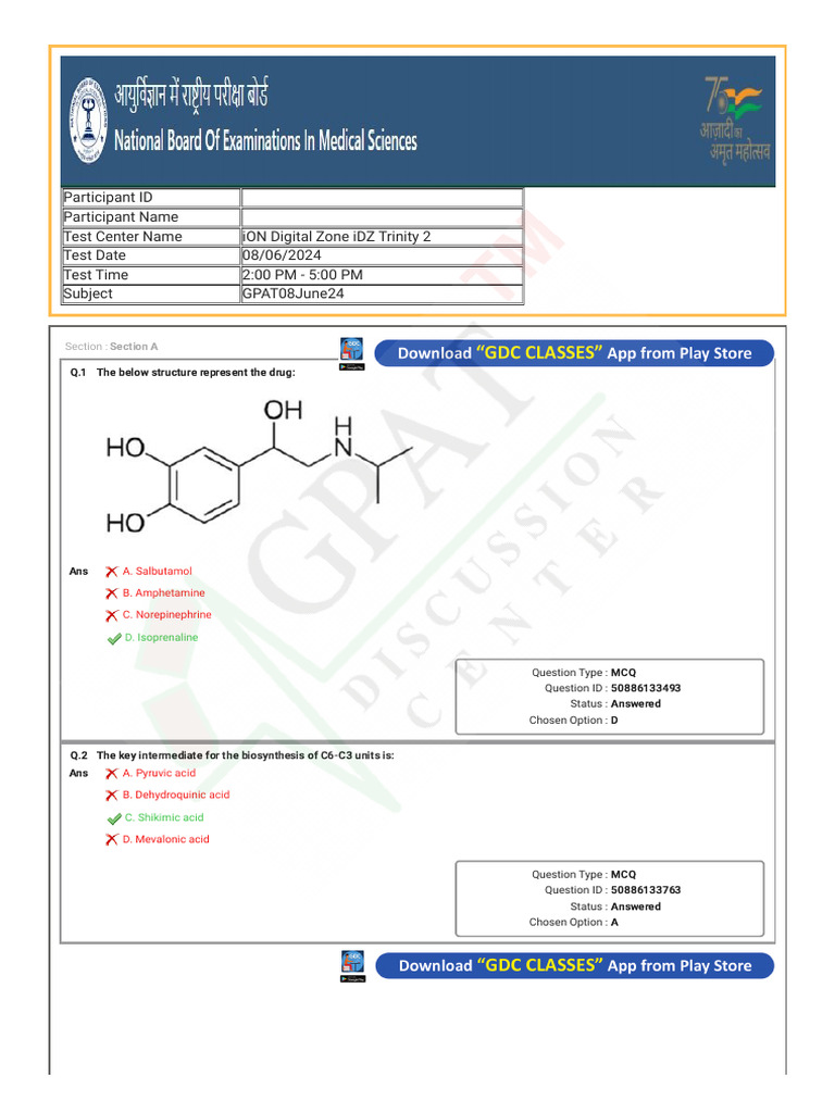 GPAT - 2024 Student Response Sheet | PDF | Tablet (Pharmacy) | Digestion