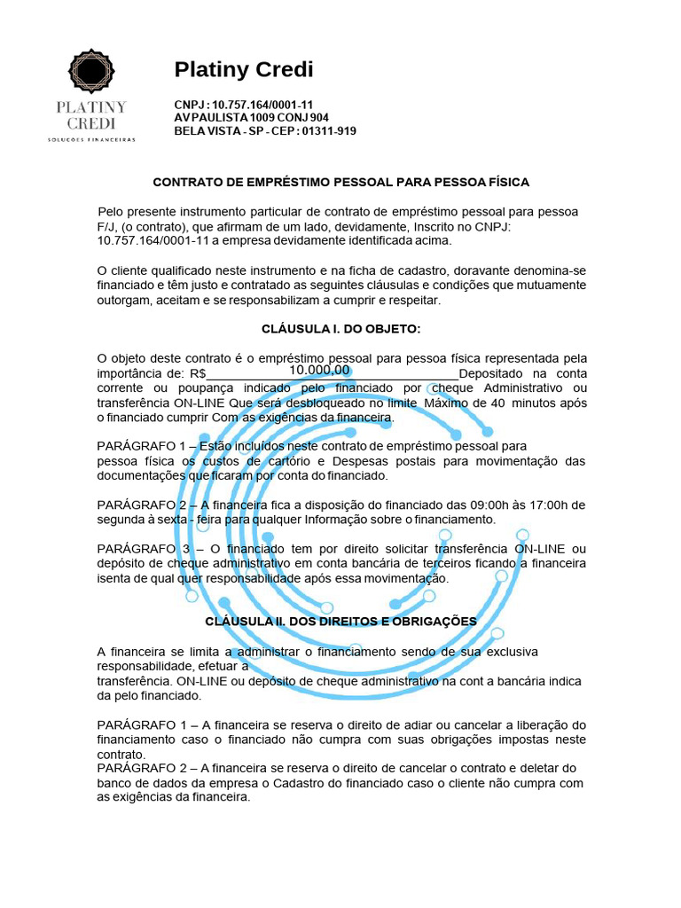Contrato Individual- Platiny Cred | PDF | Cheque (banco) | Empréstimos