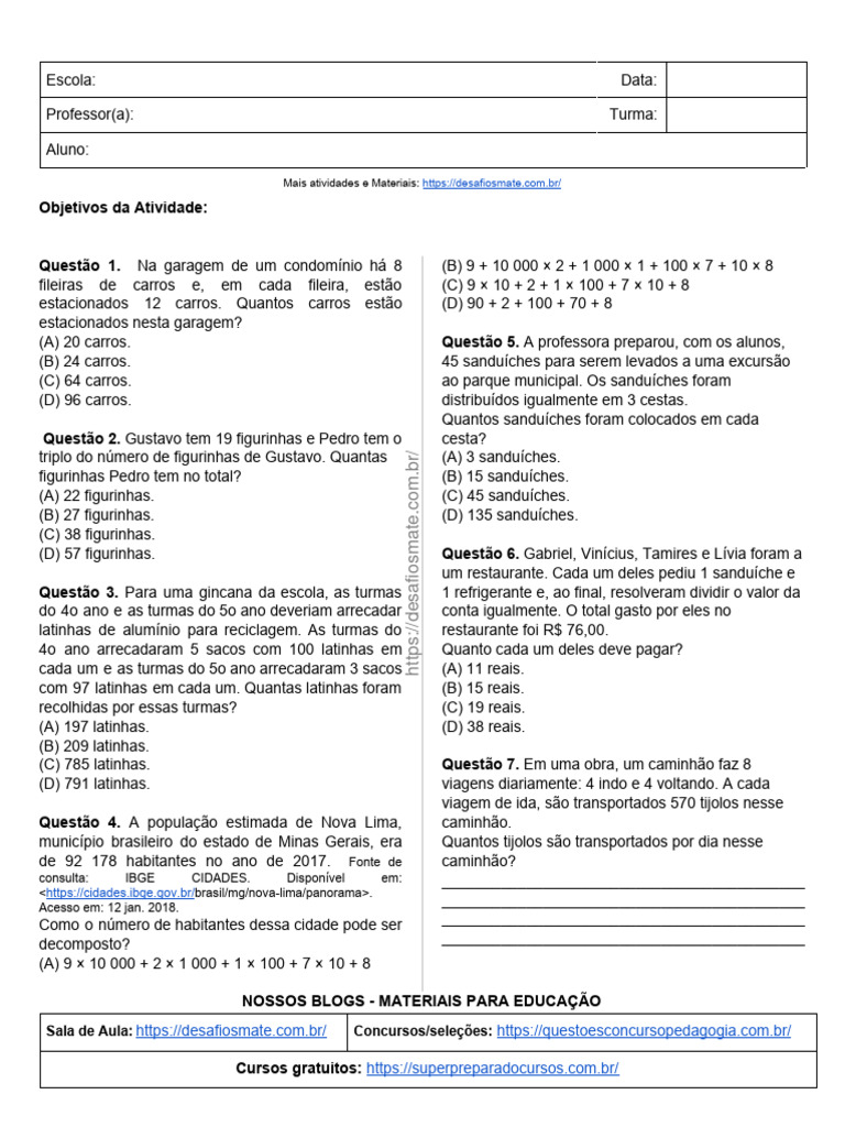 Atividade Matemática 4 Ano Questões para Revisão | PDF