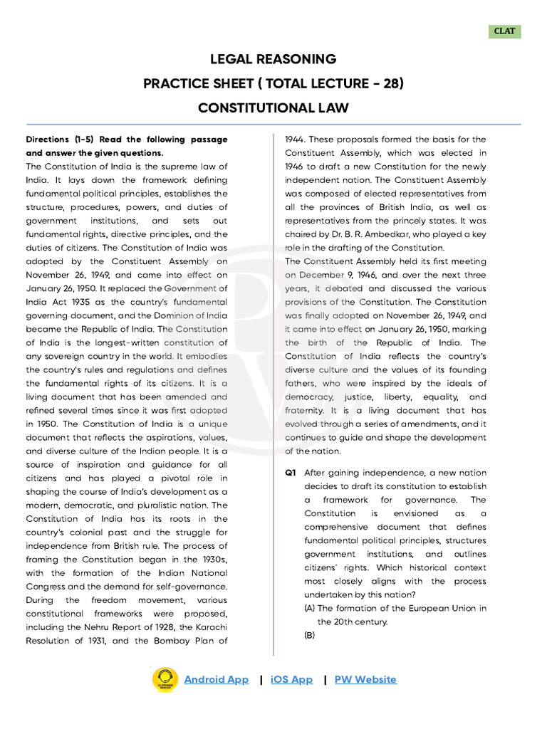 CLAT Legal Reasoning Practice Sheet | PDF | Constitution | Separation ...