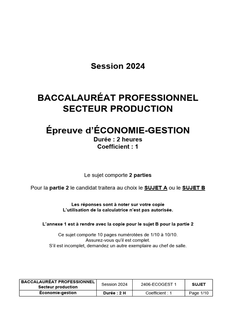 Sujet Économie-Gestion Bac Pro 2024 | PDF | Responsabilité sociétale ...