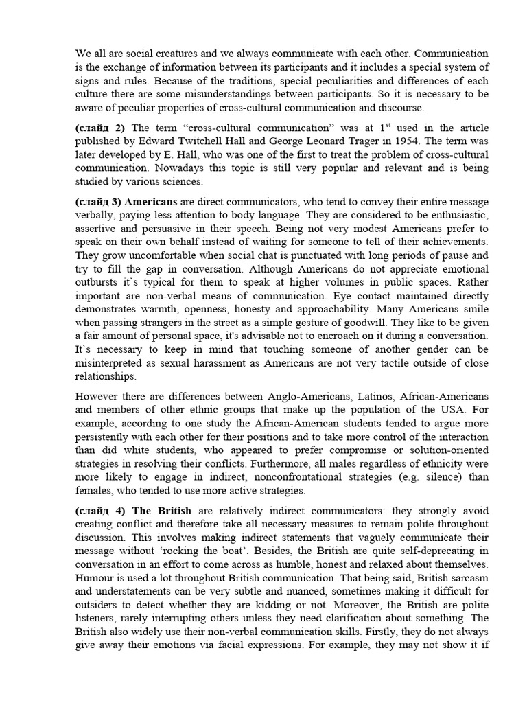Cross Cultural Communication Pdf Body Language Communication