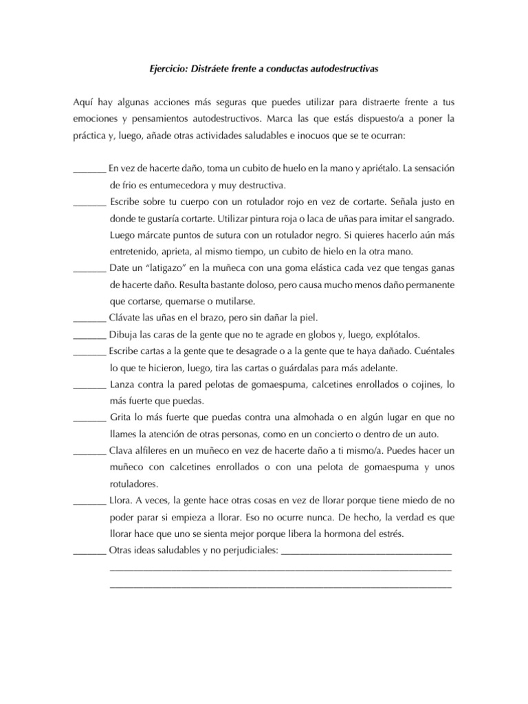 Distracciones saludables ante autolesiones | PDF