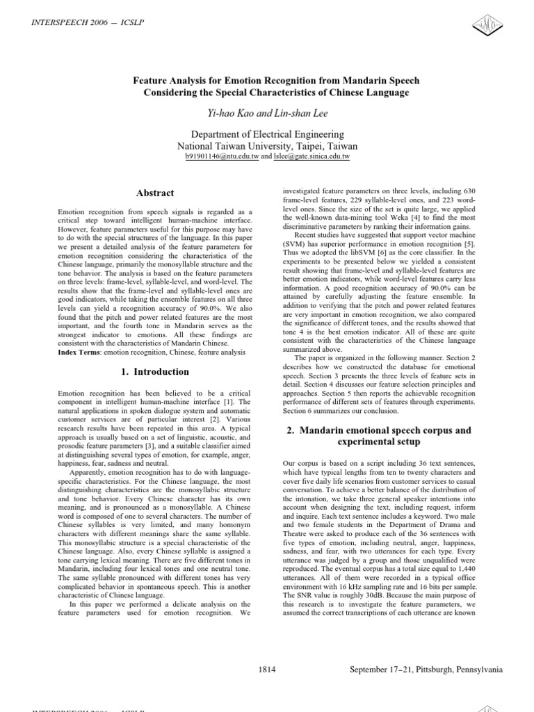Feature Analysis For Emotion Recognition From Mandarin Speech ...