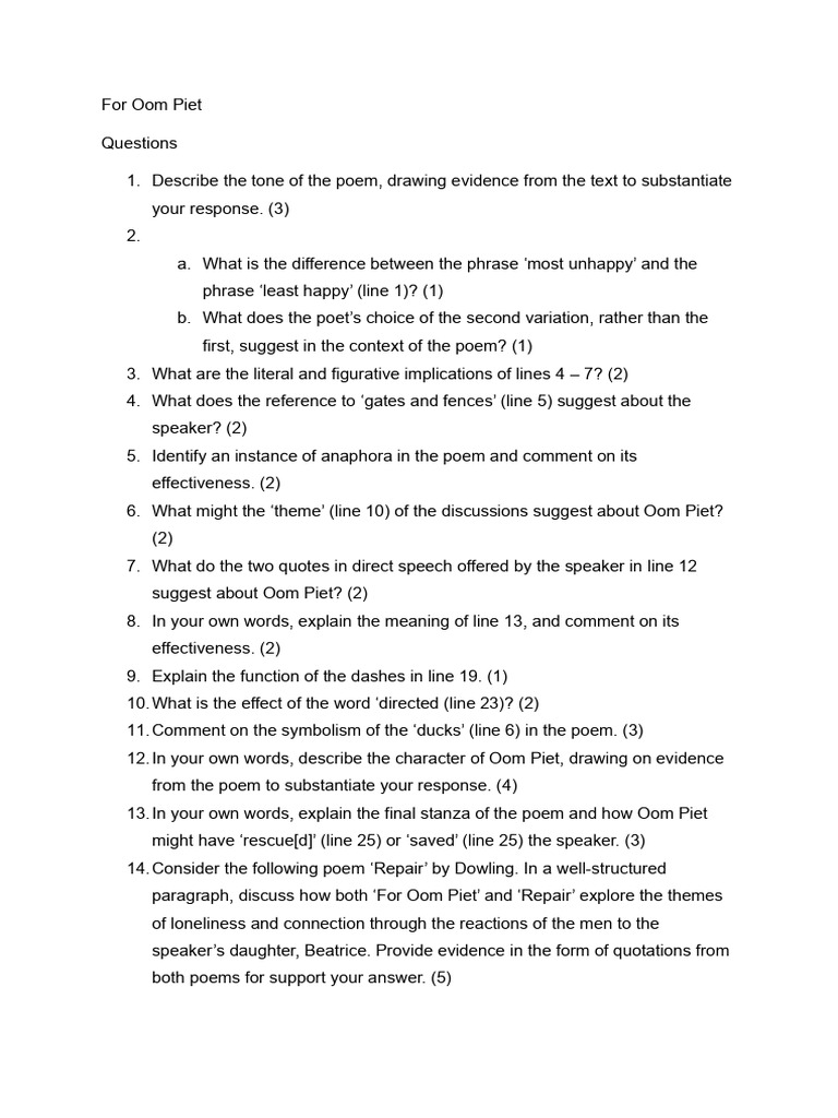For Oom Piet Questions | PDF