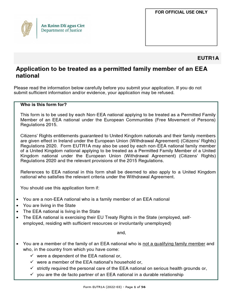 EUTR1A Application for Family Members | PDF | Leasehold Estate | Justice
