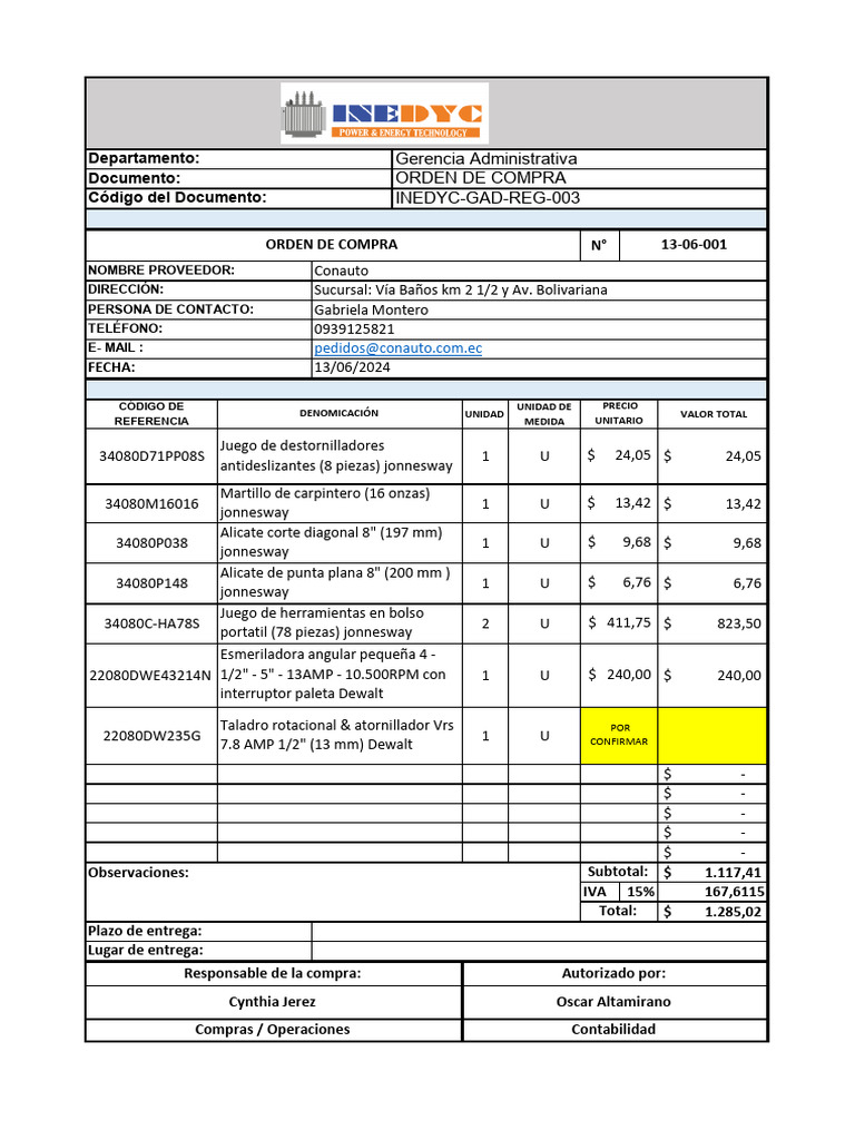 13-06-001 Orden de Compra Herramientas | PDF | Herramientas | Carpintería