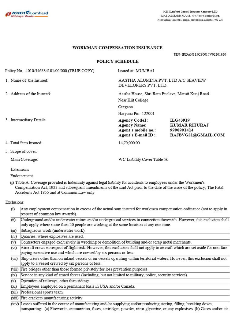 Workman Compensation Insurance Policy | PDF | Insurance | Indemnity