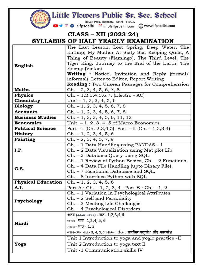 Class 12 Half Yearly Exam Syllabus 2023-24 | PDF