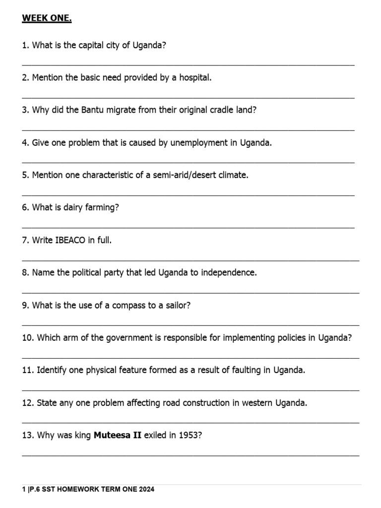 Week One.: 1 - P.6 SST Homework Term One 2024 | PDF | Uganda | East Africa