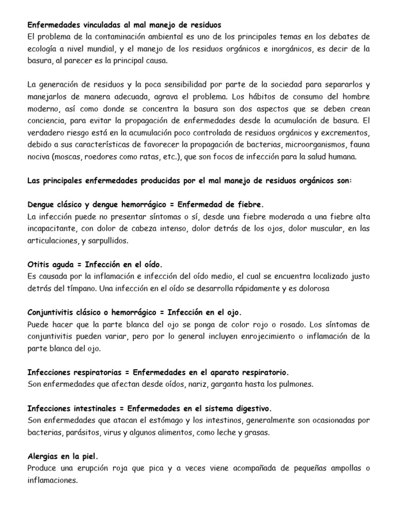 Enfermedades por mal manejo de residuos | PDF