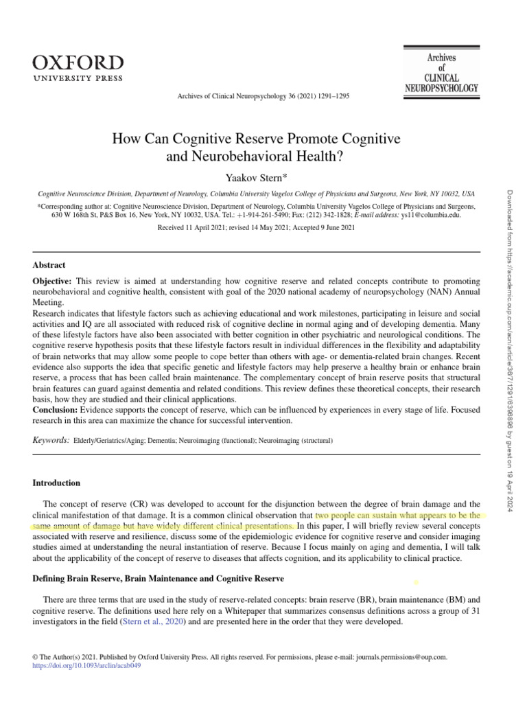 How Can Cognitive Reserve Promote Cognitive and Neurobehavioral Health ...