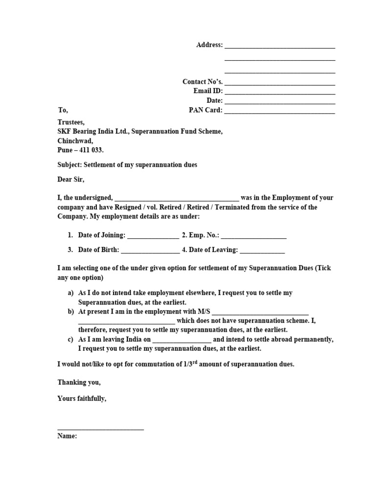 Superannuation Dues Settlement Request | PDF | Pension | Cheque