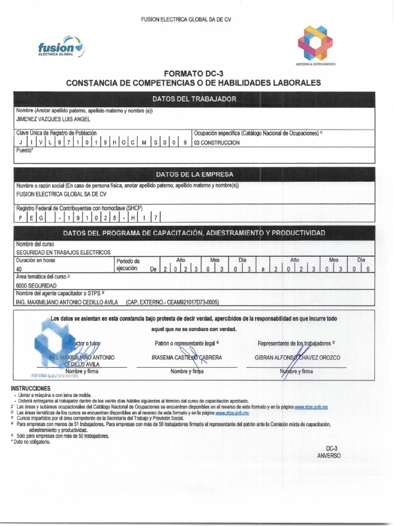 Dc3 Seguridad en Trabajos Electricos Luis | PDF