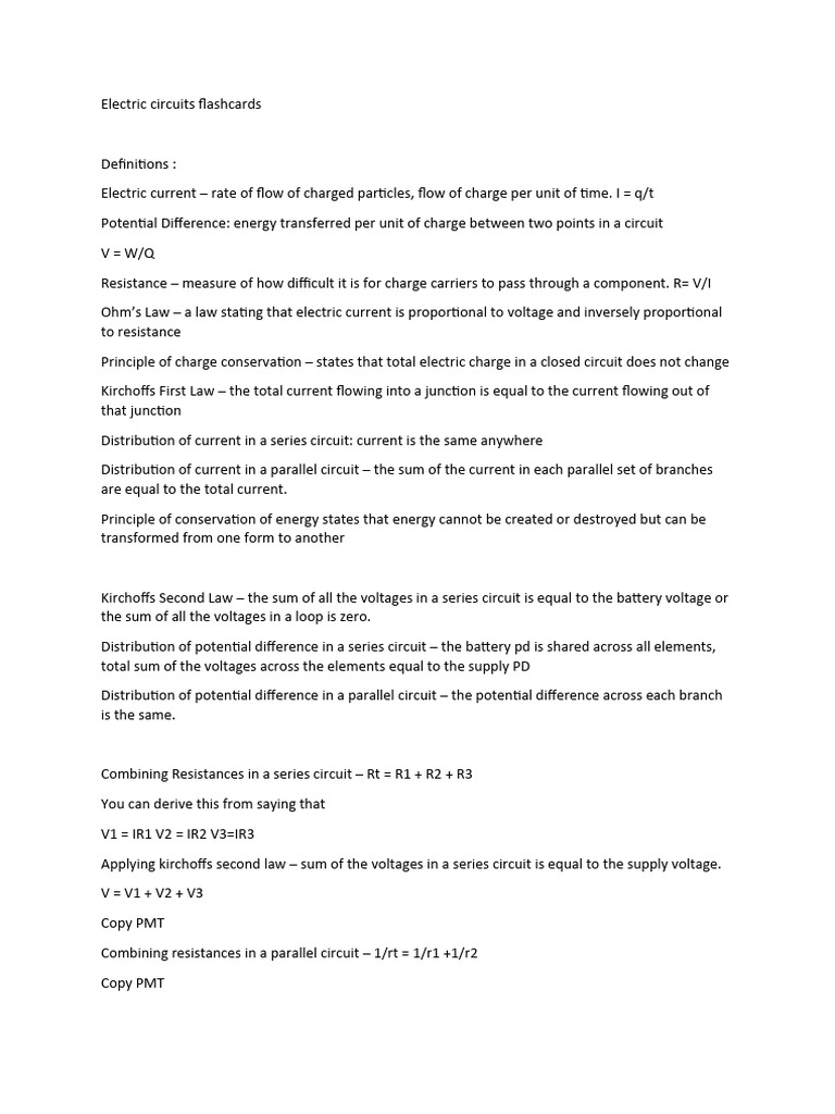 Electric Circuits Flashcards Pdf Electrical Resistance And