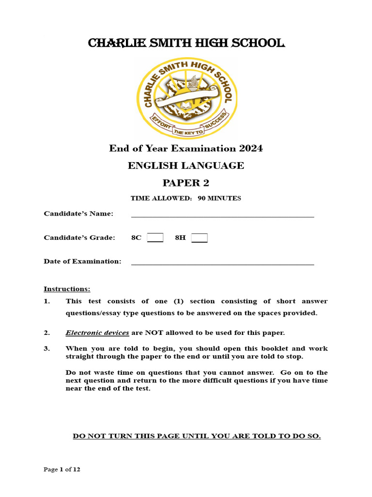 Grade 8 English Paper 2 Exam 2024 | PDF | Mouse