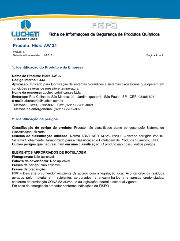FISPQ Hidra AW 32 - Lucheti Lubrificantes | PDF | Desperdício ...