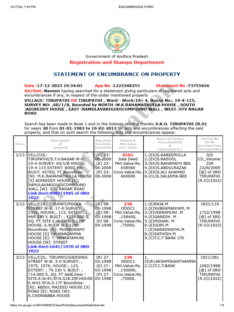 ENCUMBRANCE FORM STV Nagar 2009 | PDF