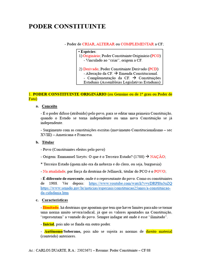 Poder Constituinte na CF/88: Tipos e Características | PDF | Emenda ...