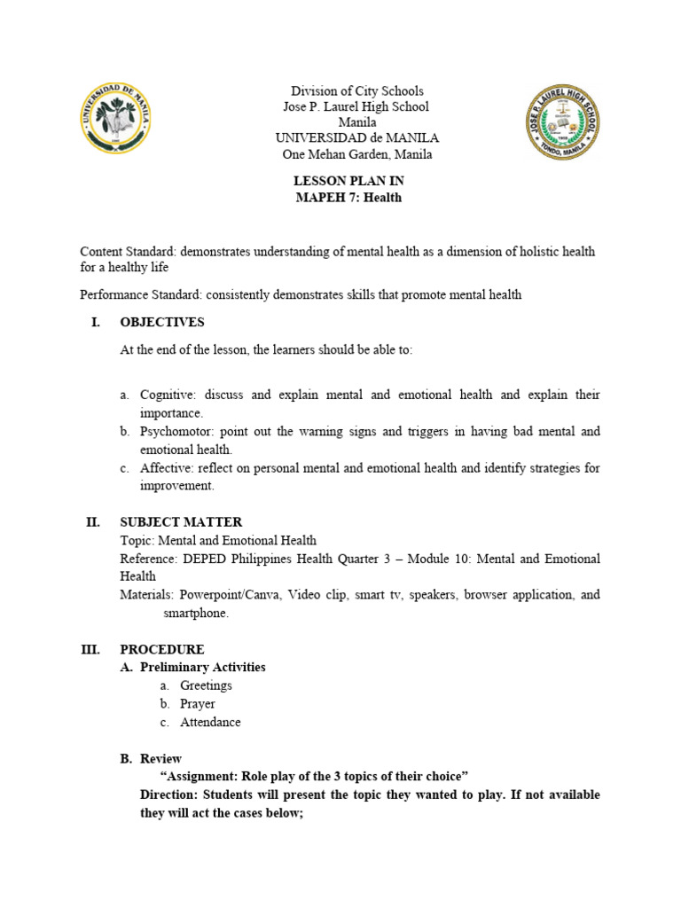 MAPEH 7 Lesson Plan: Mental Health Focus | PDF | Mental Health | Emotions