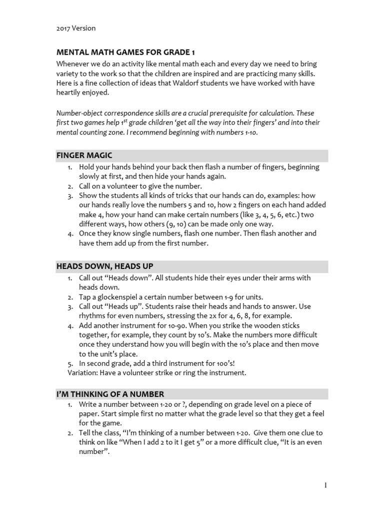 Math mental math games for grade 1 2017 final pdf