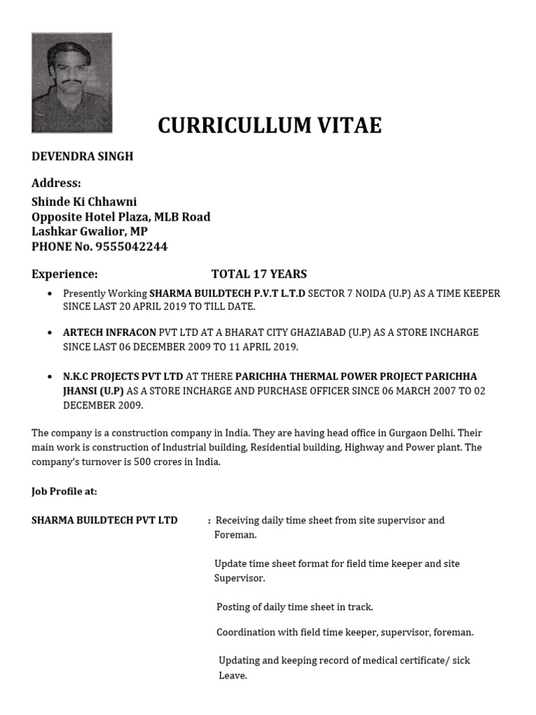 Time Keeper CV of Devendra Singh | PDF | Business