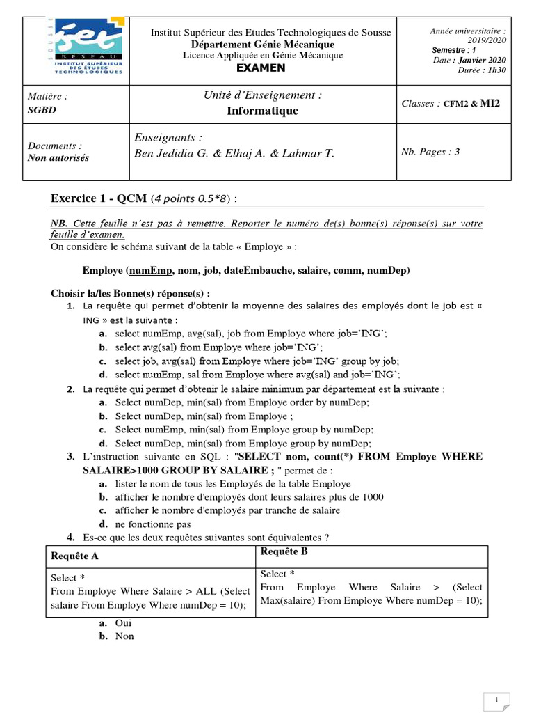 QCM SQL : Requêtes et Schémas Relationnels | PDF | SQL | Modèle de données