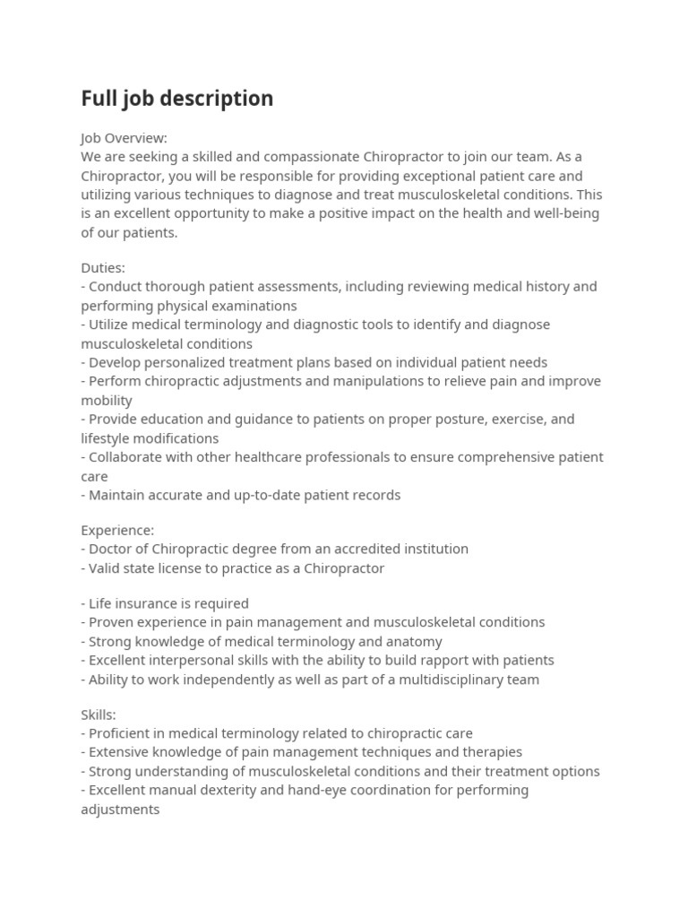 Chiropractor Job Description PDF Chiropractic Health Care