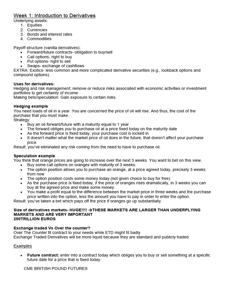 Derivatives Notes | PDF | Futures Contract | Derivative (Finance)