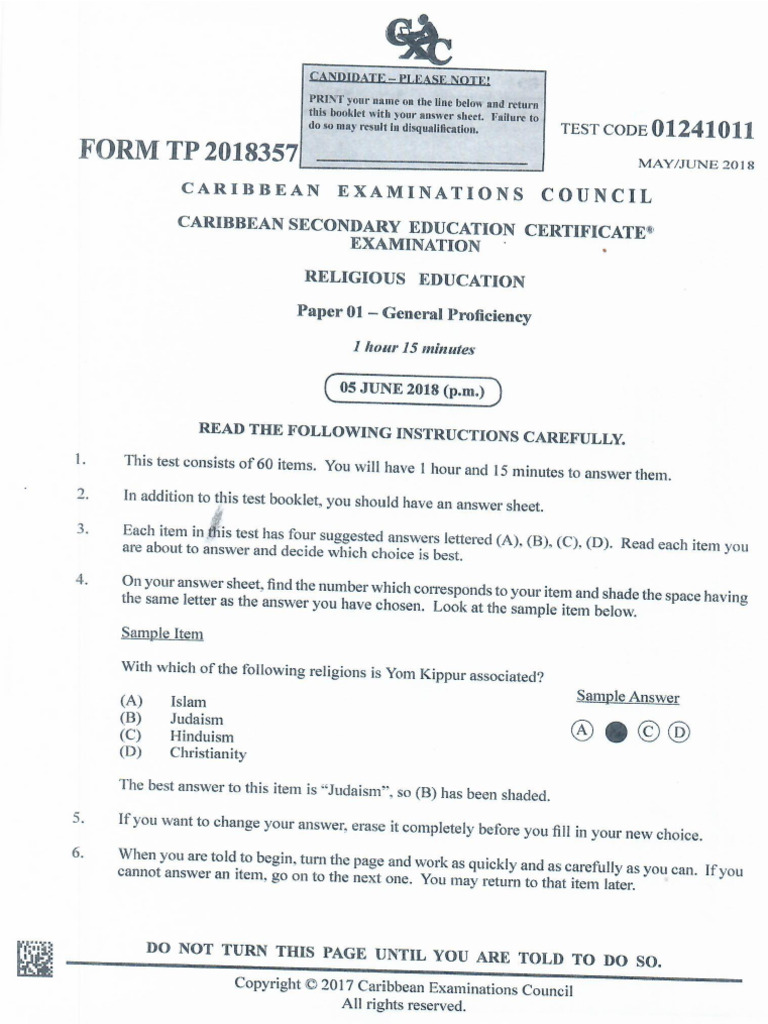 Csec Re p1 2018 AnswerSheet | PDF