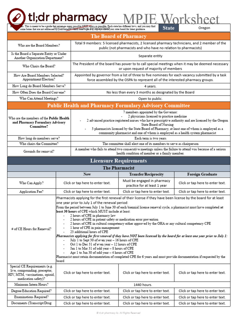 MPJE Worksheet - OREGON | PDF | Pharmacist | Pharmacy