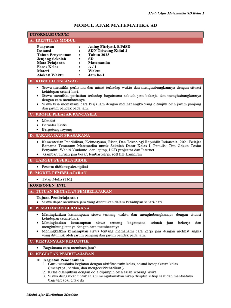 Modul Ajar Matematika Kelas 1 SD | PDF