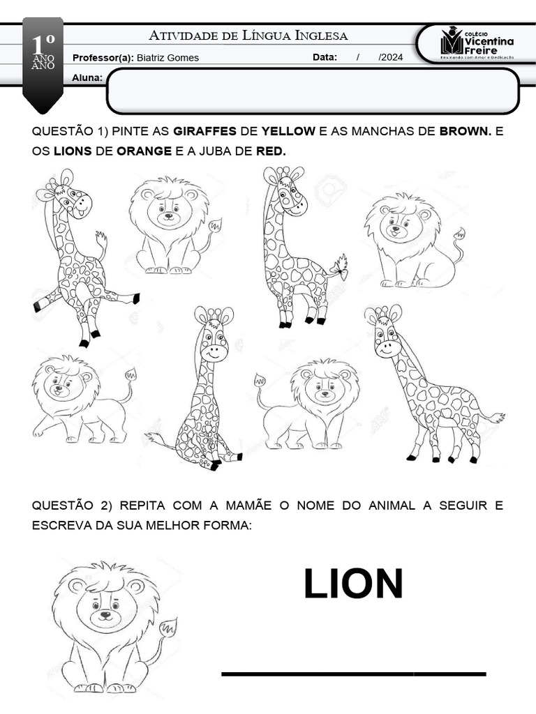 Atividades de Inglês: Animais para 1º Ano | PDF | Artes Linguísticas e ...
