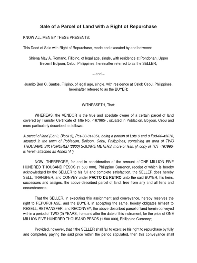 Sale of A Parcel of Land With A Right of Repurchase | PDF | Repurchase ...