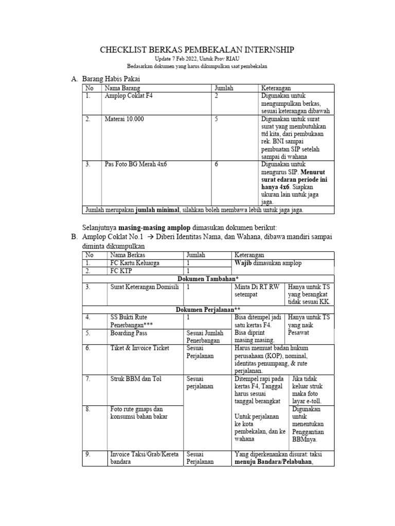 Checklist Berkas Internship Riau | PDF