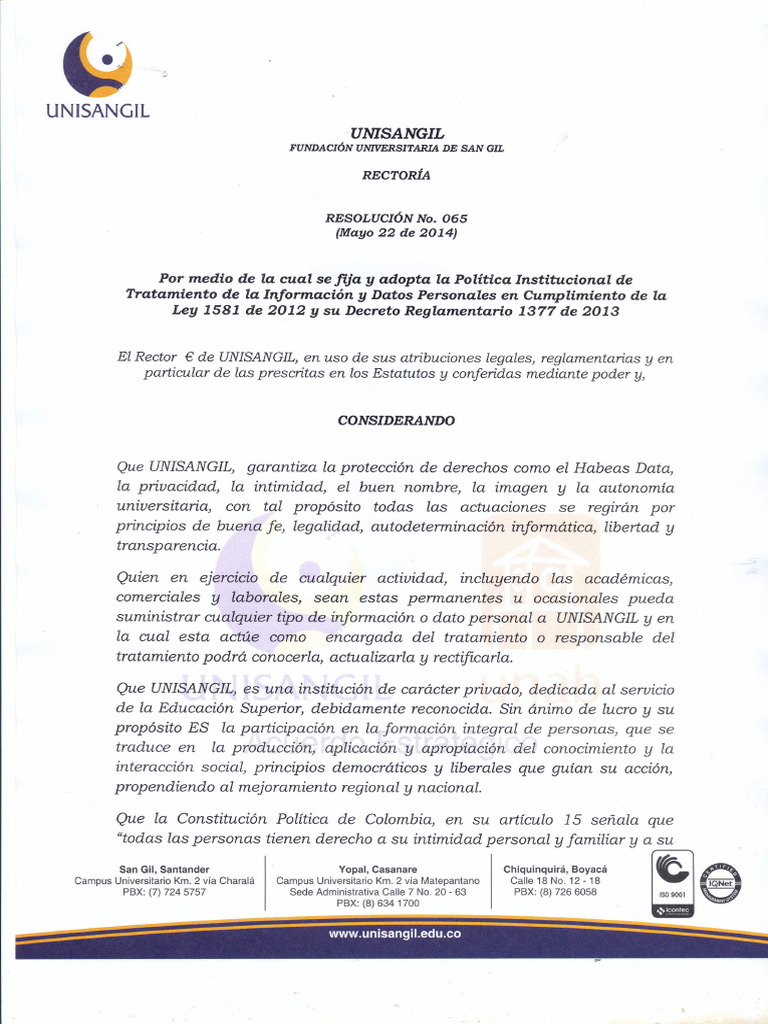 Resolucin 065 - Poltica Institucional de Tratamiento de La Informacin y ...