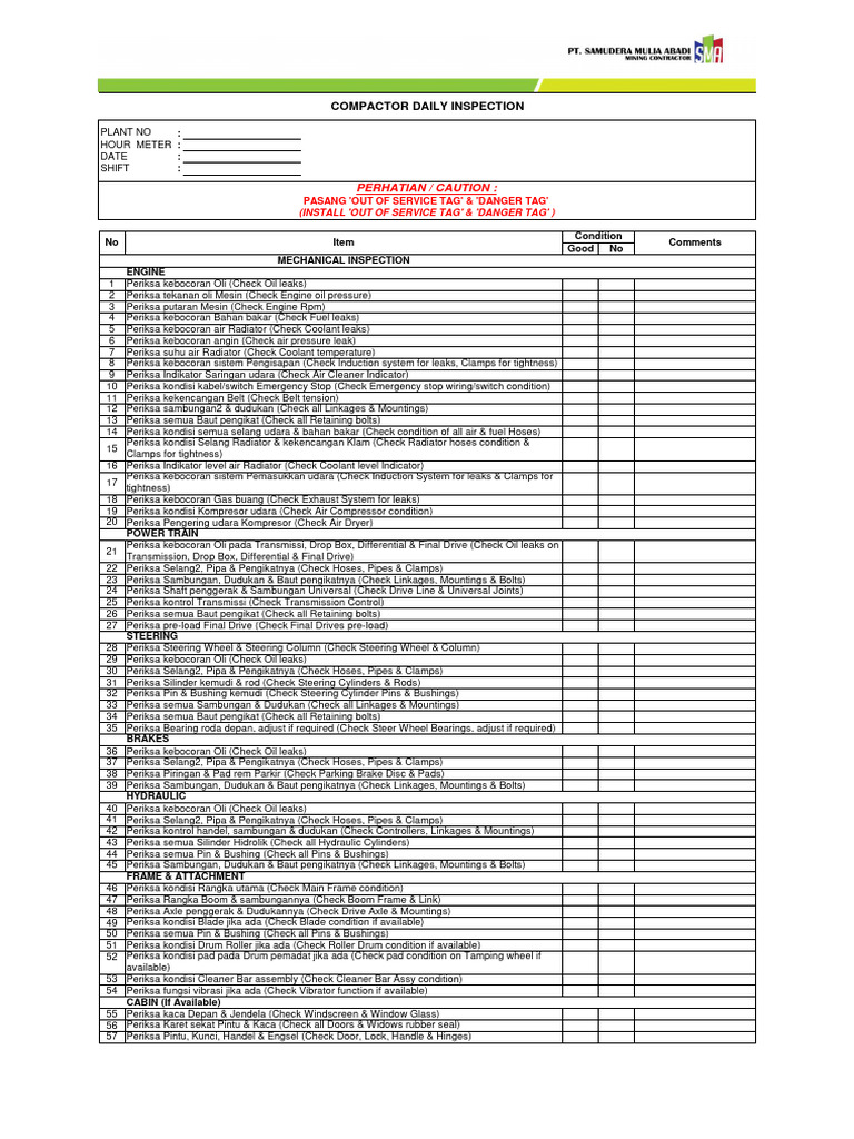 Daily Inspection - Compactor | PDF | Steering | Vehicle Technology