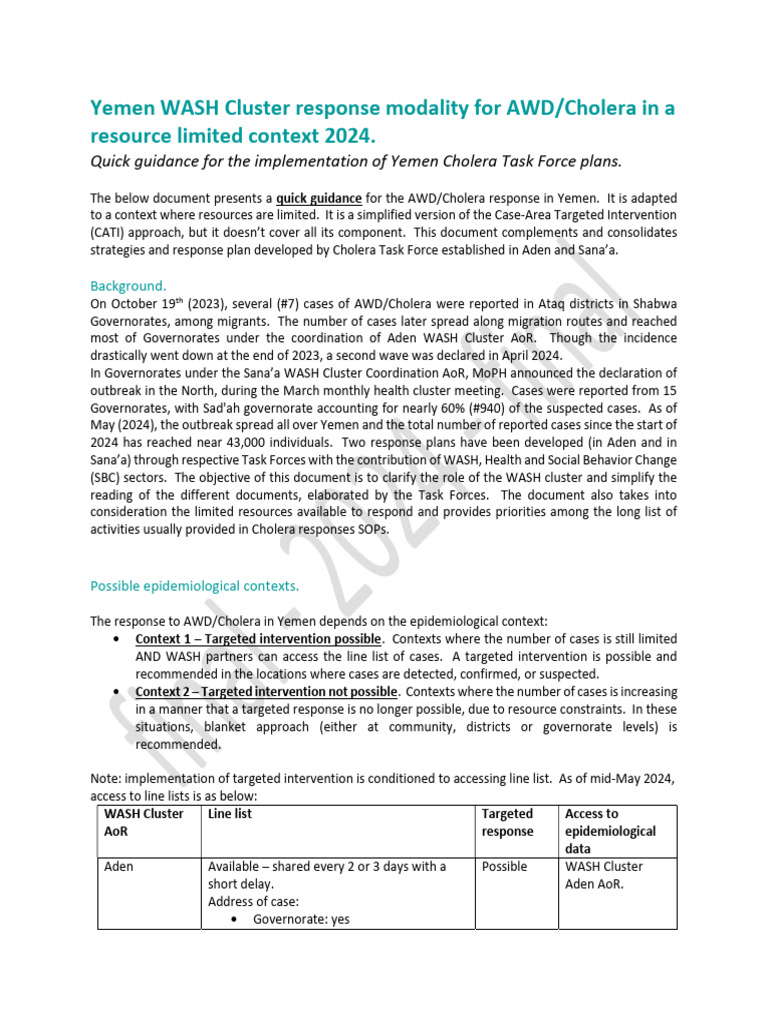 Yemen WASH Cluster - Quick Guidance - Cholera - 2024 | Download Free ...