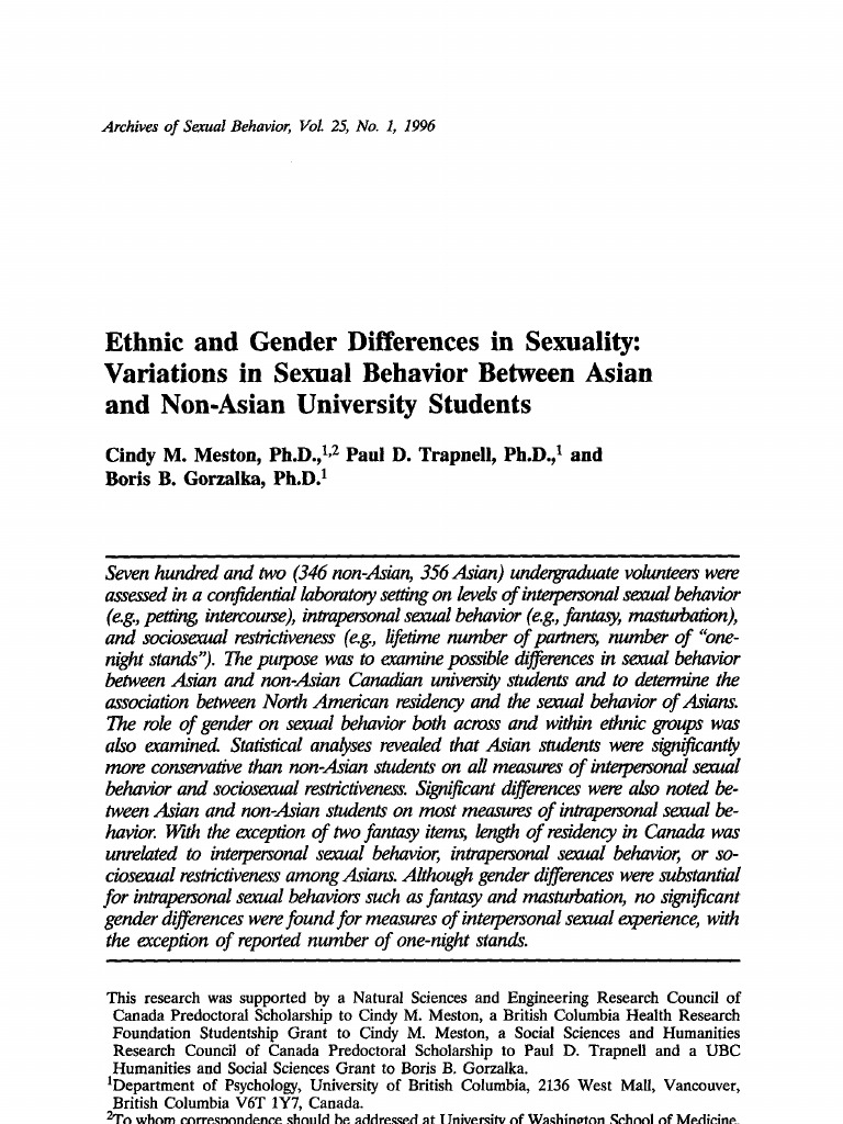 Ethnic and Gender Differences in Sexuality: Variations in Sexual ...