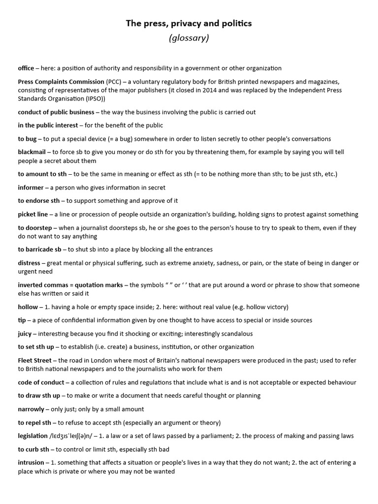 The Press, Privacy and Politics - Glossary | PDF | Defamation
