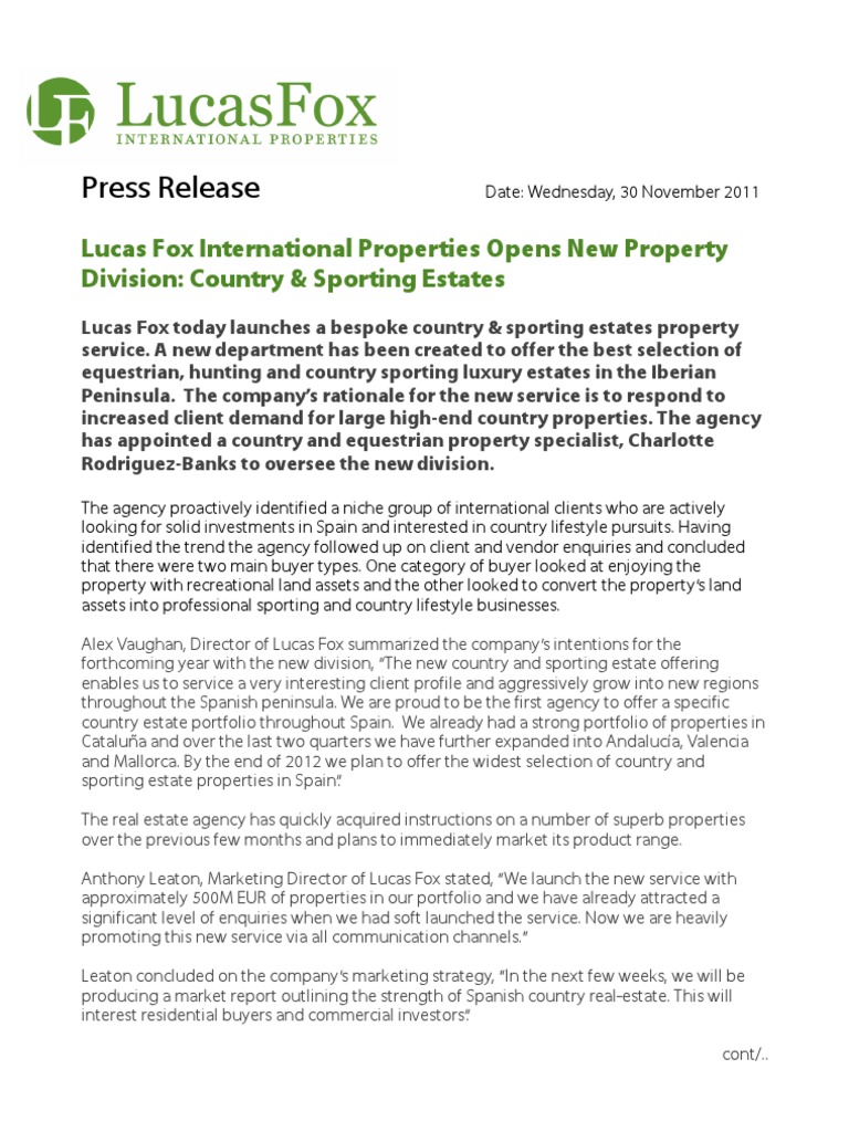 Lucas Fox International Properties Opens New Property Division PDF