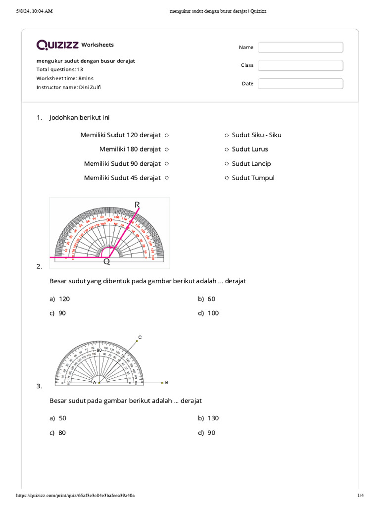 Mengukur Sudut Dengan Busur Derajat - Quizizz | PDF