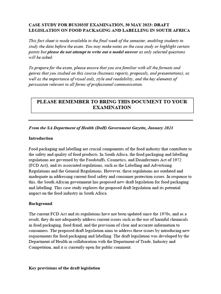 BUS2033F 2023 Case Study and Exam Food Labelling PDF Packaging