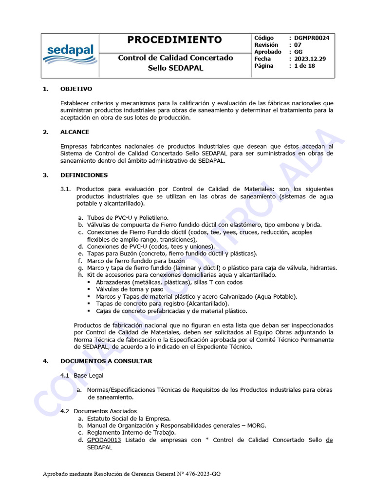 Control de Calidad SEDAPAL para Productos | PDF | Calidad (comercial ...