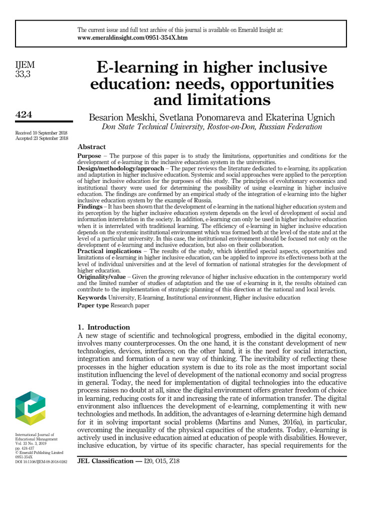 2018 e learning in higher inclusive education needs opportunities and