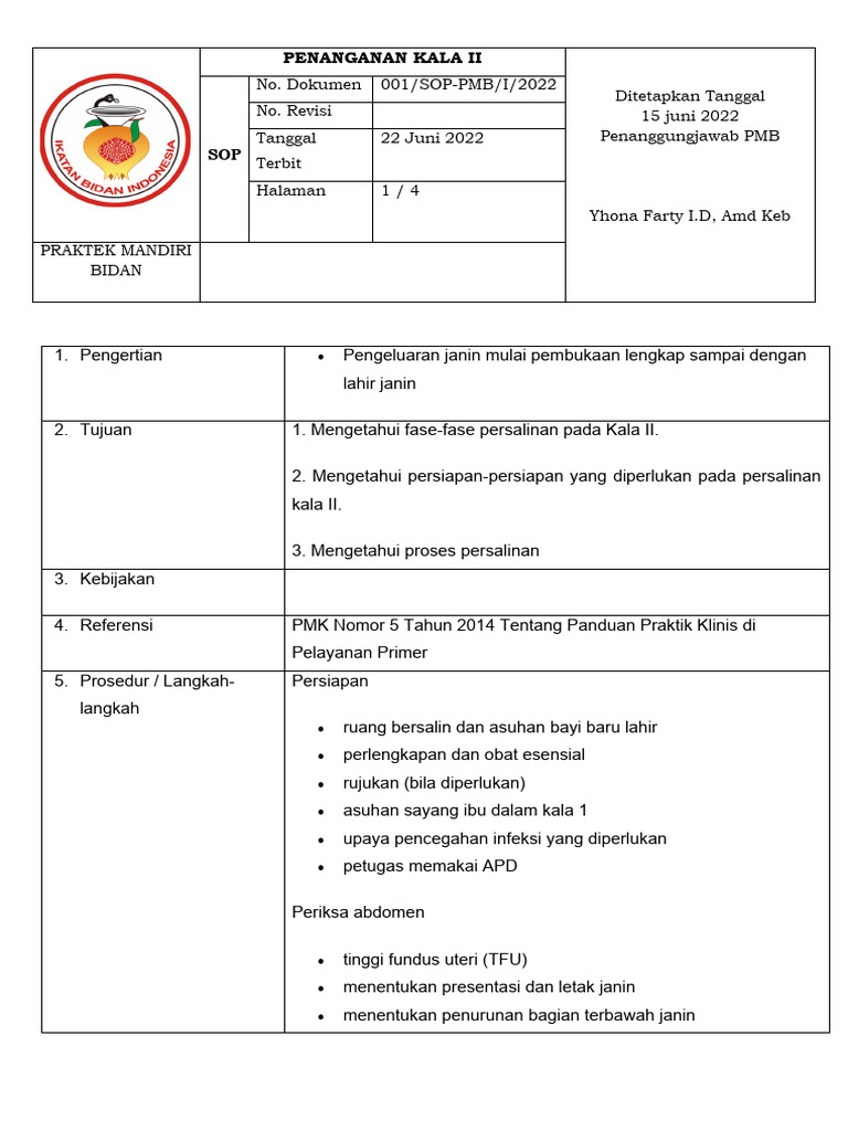 SOP Penanganan Persalinan Kala II | PDF