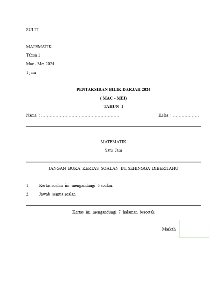 Pbd Matematik Tahun 1 Pdf