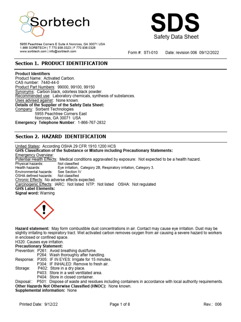 Activated Carbon Safety Data Sheet | PDF | Firefighting | Dangerous Goods