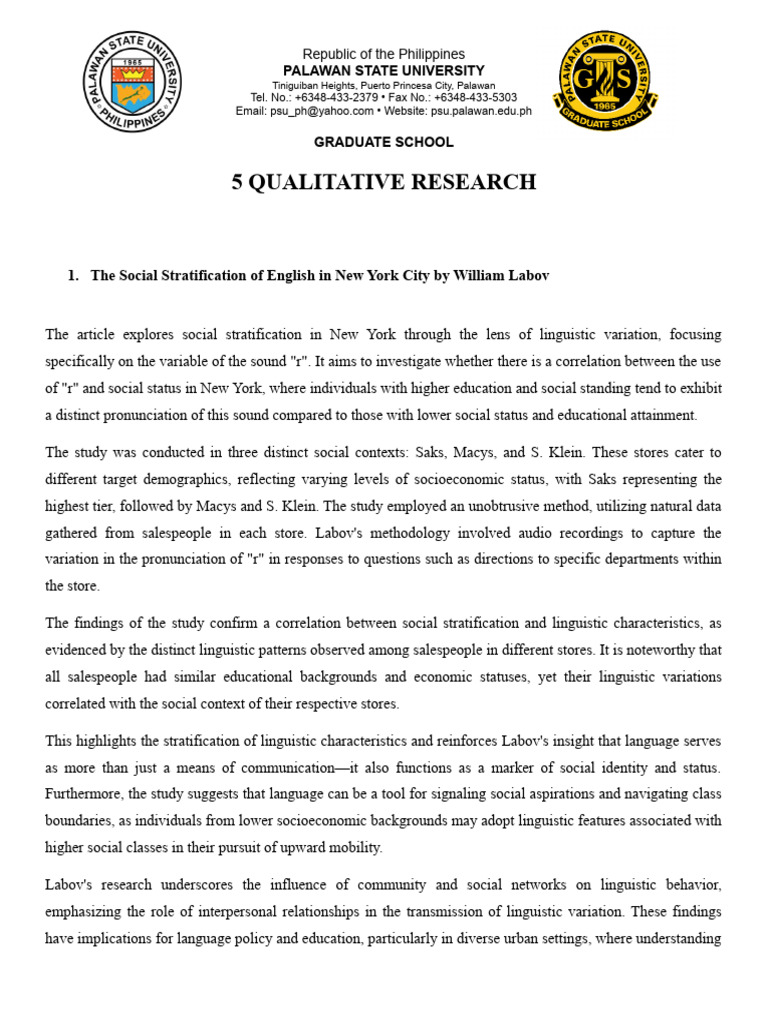 Social Stratification in NYC English | PDF | Qualitative Research ...