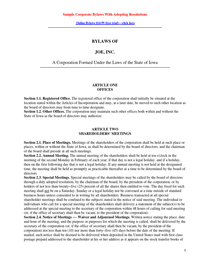 Sample Corporate Bylaws for Iowa Corporations | PDF | Board Of ...